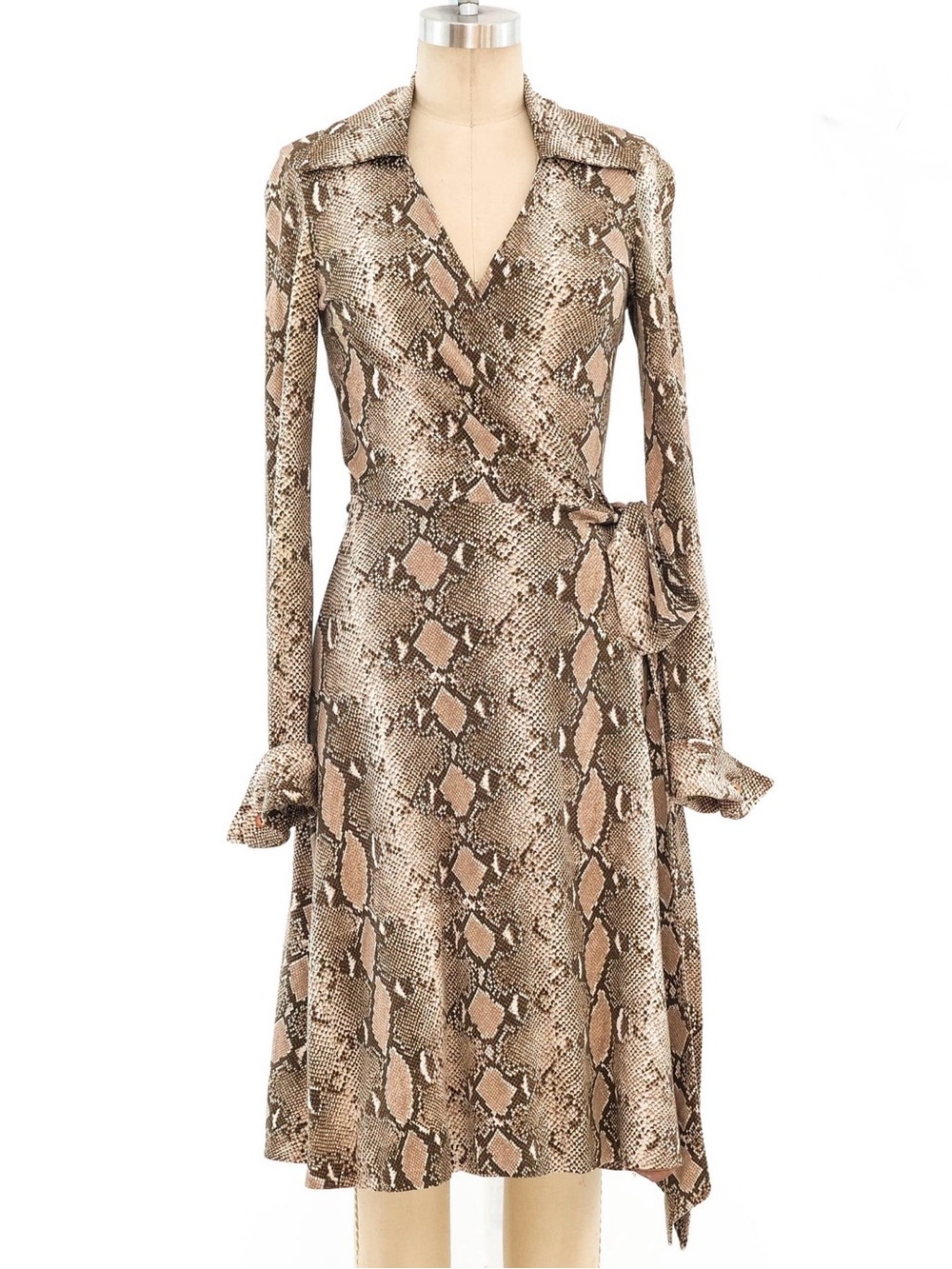 Diane Von Furstenberg Beige and Brown Snake-Print Long-Sleeve Wrap Dress